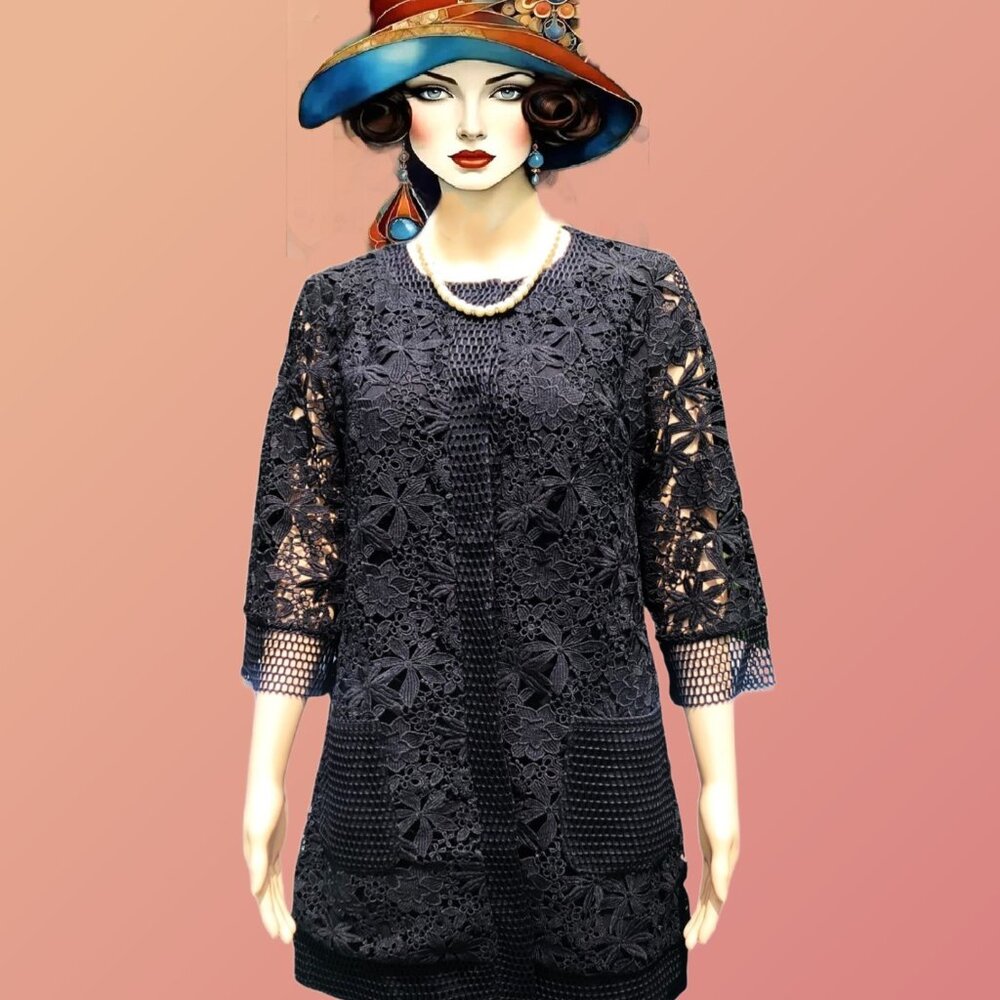 DAMEE Inc. Black Floral Lace Overlay Mesh Trims 3/4 Sleeve Long Jacket Sz S